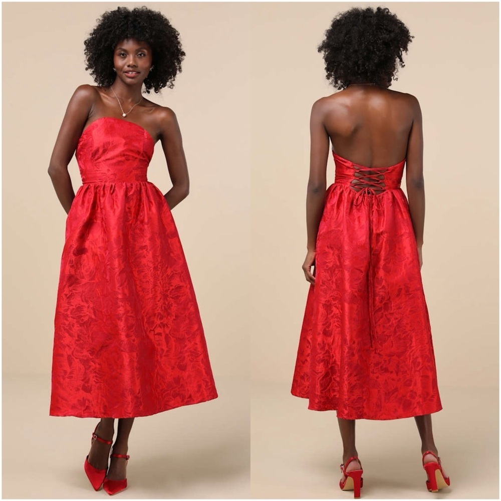 Lulu's Red Strapless Jacquard Midi Dress